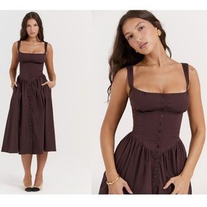 HOUSE OF CB 'Tatiana' Rich Brown Midi Sundress strappy corset back NWOT size S